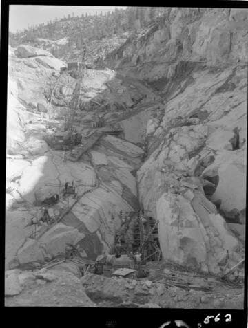 Big Creek - Mammoth Pool - Forming for second dental concrete pour in the cutoff