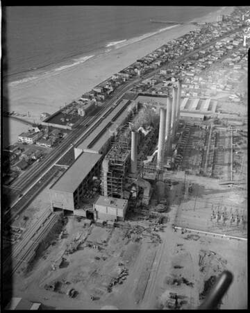 Aerial looking down on the Redondo Steam Plant with 5 units in place