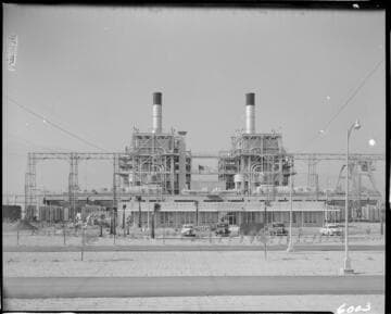 Ground view of Etiwanda Generating Station with the control room in the foreground and the station facilities in back