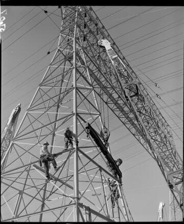 Construction work raising 12 circuit towers out of Eagle Rock Substation