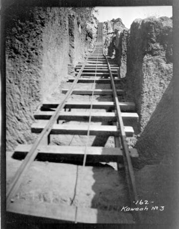 A long view of the tramway down the pipe line trench at Kaweah #3 Hydro Plant