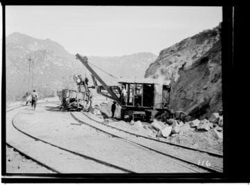 View of a steam shovel and crew working on the reservoir for Kaweah #3 Hydro Plant