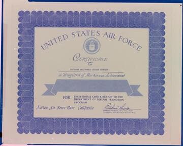 Certificate of Achievement award to SCE from Norton Air Force Base