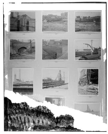 This is a multi-image negative that depicts construction at Long Beach Steam Plant. Undamaged images included on the plate are copies of original negatives: 02 - 00746; 02