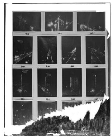 This is a multi-image negative that depicts night photos of downtown street lighting and neon sign advertising. Undamaged images included on the plate are copies of original negatives: 02 - 00916; 02