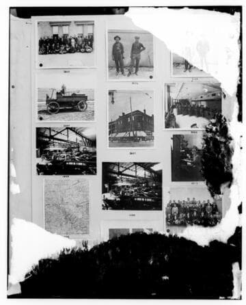 This is a multi-image negative that depicts offices, group shots, trucks, garage, and a map. Undamaged images included on the plate are copies of original negatives: 02 - 01923; 02