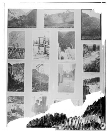 This is a multi-image negative that depicts construction at Long Beach Steam Plant, scenes on the Kings River, Kern River Hydro shots, and EDS Stable. Undamaged images included on the plate are copies of original negatives: 02 - 00833; 02