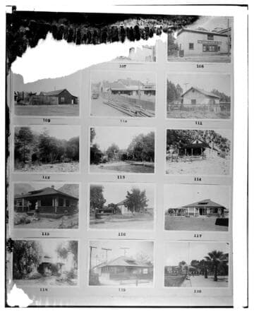 This is a multi-image negative that depicts Edison warehouses, shops. stables, cottages, and hydroelectric facilities. Undamaged images included on the plate are copies of original negatives: 02 - 00108; 02