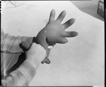 Man holding an enflated rubber glove