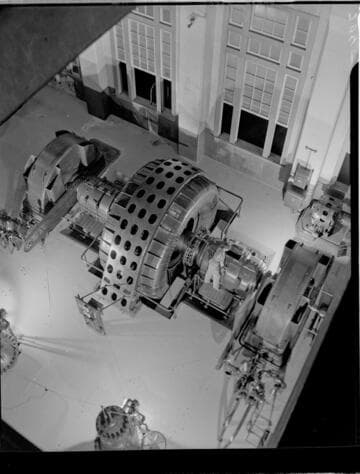 Overhead view of generator and waterwheels in a Big Creek Powerhouse PH2
