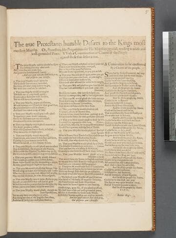 The true Protestants humble desires to the Kings most excellent Majesty. Or, Protestant-like propositions for His Majesties perusall, tending to a safe and well-grounded peace. VVith a commination or chorus of the people against those that desire it not