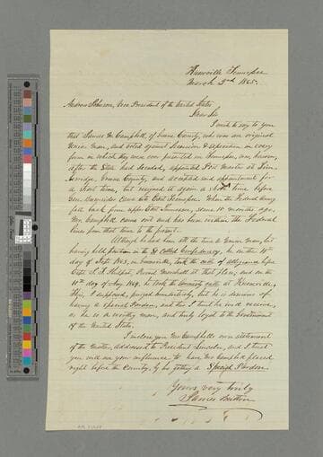 James Britton, Knoxville, Tennessee, letter to Andrew Johnson