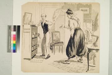 Woman in Men's Dress Offering Her Husband Money