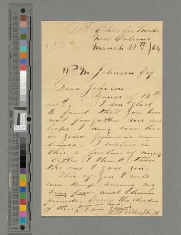 John Wilkes Booth, New Orleans, letter to R.M. Johnson