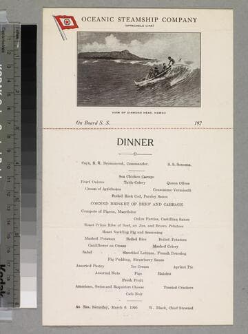 Dinner menu onboard S. S. Sonoma