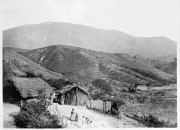 Temecula Indians home in Pachenga Canyon, Palomar Mountain in the back, 1893