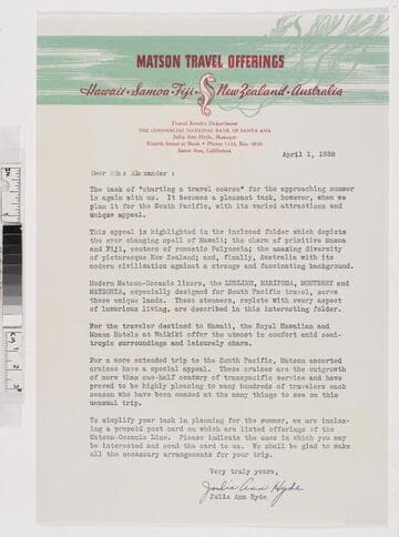 Letter with summer 1938 travel pamphlet