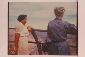 Lodell Matthews and Margaret Marston at the South Rim.  Lodell made a boat trip from Lees Ferry to the Glen Canyon Damsite and back on 1956, June 03