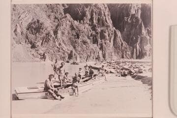 The Nevills 1947 party which made the run from Lees Ferry to Bright Angel Creek in July.  Posed at the beach at Bright Angel Creek