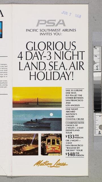 Pacific Southwest Airlines invite you: glorious 4 day - 3 night land, sea, air holiday!