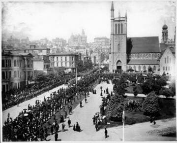 San Francisco.  Crowds watching military parade, 1880