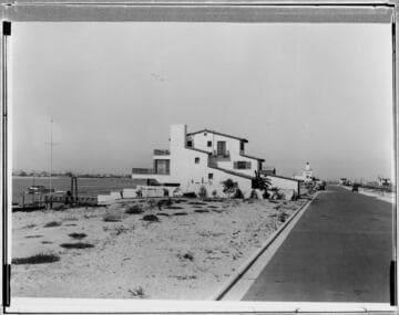 Lido Isle road, buildings, and beach, Newport Beach. approximately 1930