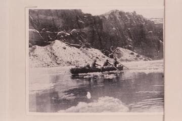 One of the boats of the Stanton-Ginty party in Glen Canyon.  The party left Crescent Creek in 1897, Oct., and arrived at Lees Ferry in 1898, Jan