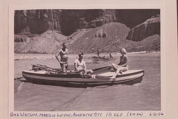 Bob Watson, Martin Litton and Amrette Ott; Mile 52.5 at foot of Nancoweap Rapid