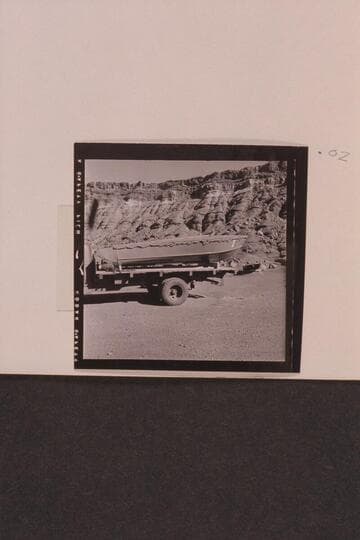 18 foot Smith-Craft aluminum boat used on Disney Reconnaissance through Grand Canyon; Art Greene's Cliff Dweller's Lodge