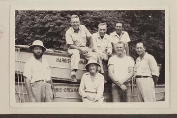 The Harris-Brennan party at Boulder City after completion of the run through Grand Canyon in 1951, July.  On boat:  Charles L. Fetzner, Jack Brennan, Don Harris.  Below:  Al Morton, Lou Fetzner, Jack McKeller,  LeRoy Sessions