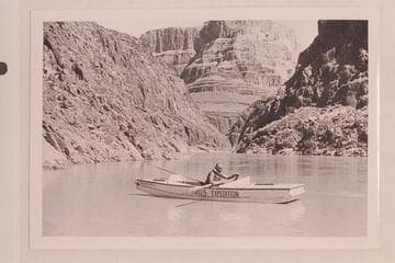 Frank Masland, Jr., on head of Lake Mead near Bureau of Reclamation camp at Bridge Canyon City