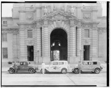 Three Essex automobiles in front of City Hall, 100 North Garfield Avenue, Pasadena. 1929