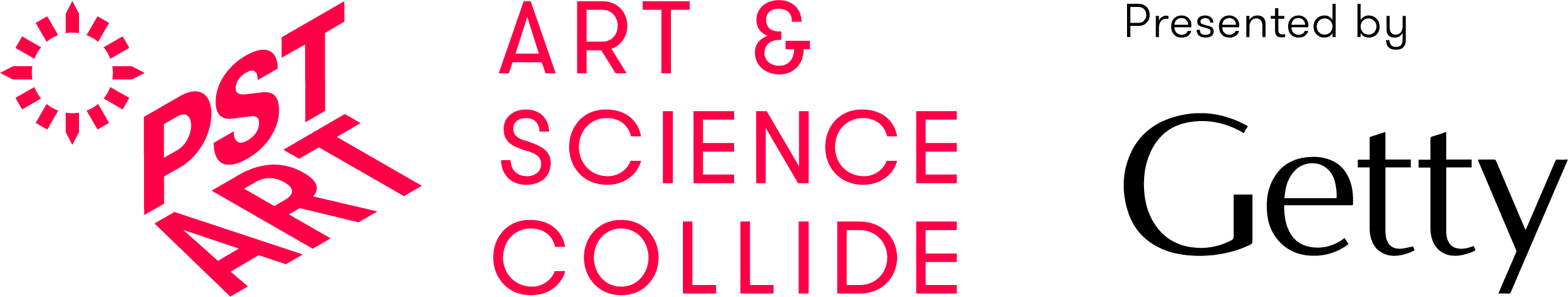 A red logo of a stylized sundial, and text that reads "PST ART, Art & Science Collide" and back text that reads "Presented by Getty"