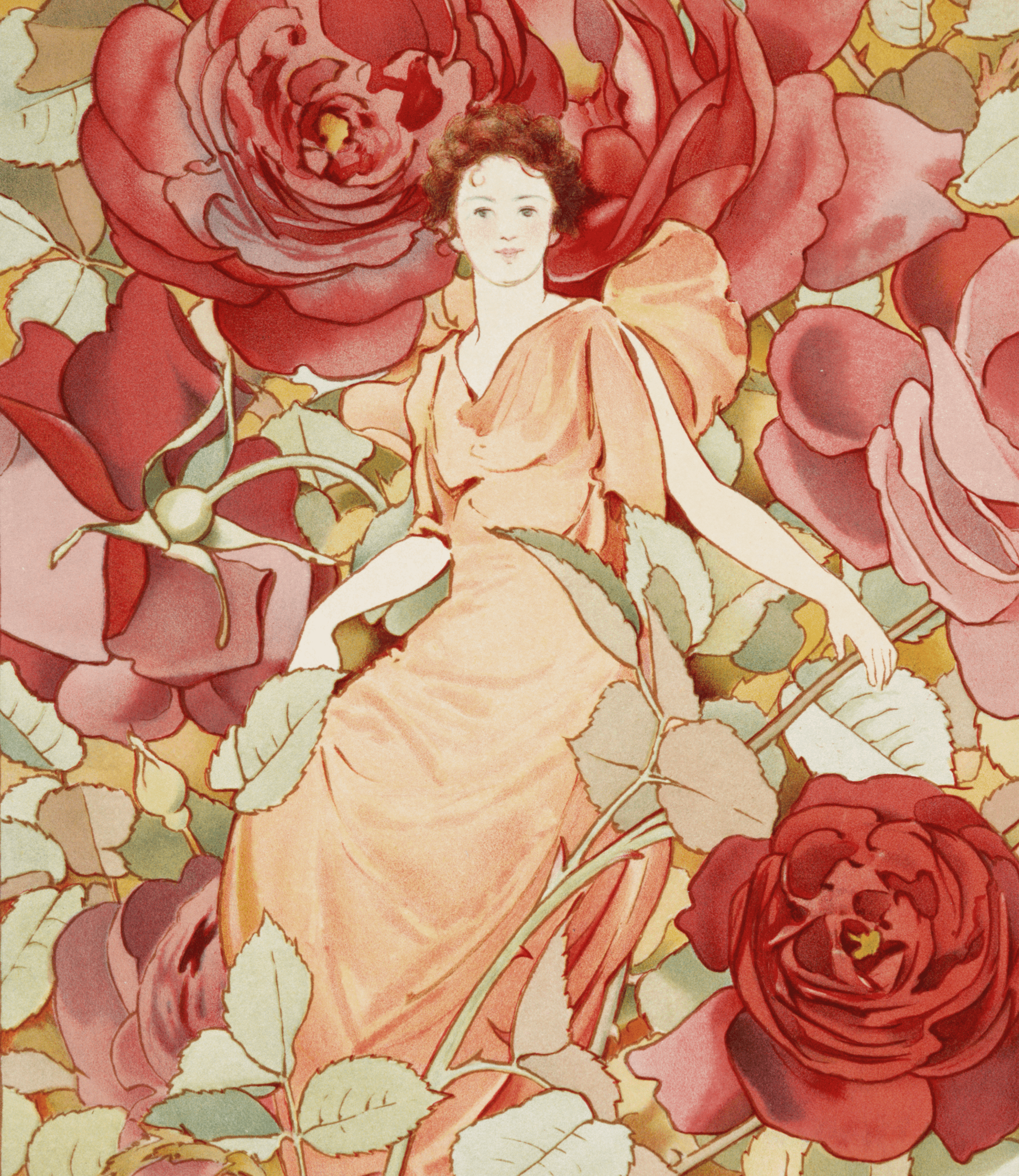 Early 20th century painting of a woman in a peach dress sitting among large red roses.